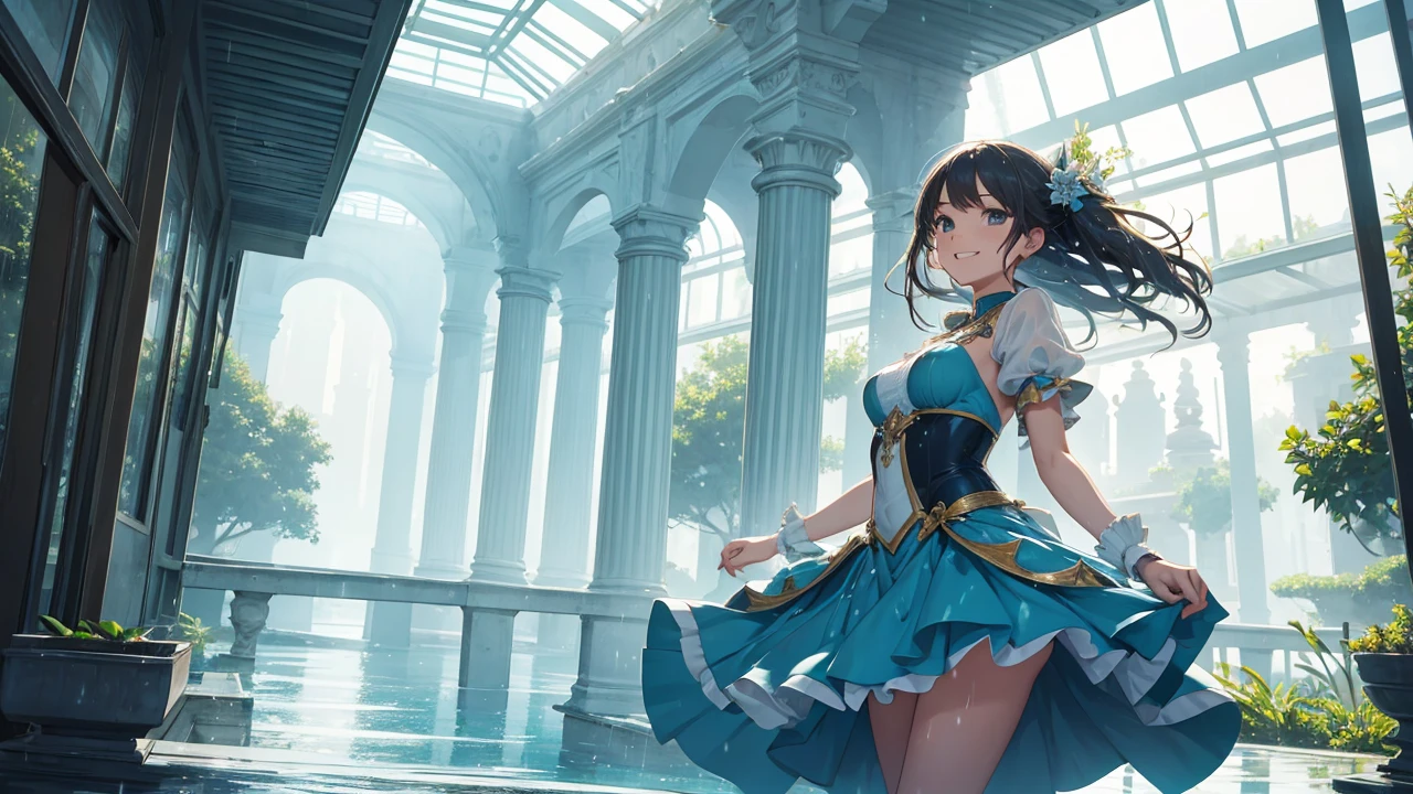 Girl happily dancing in the water palace in the rain