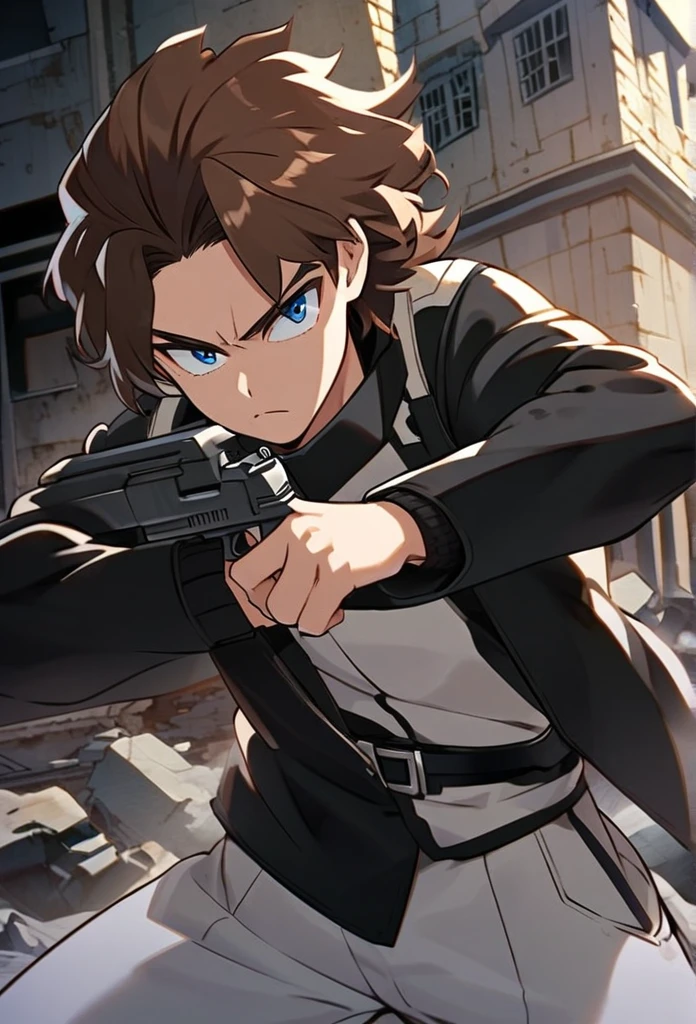 A serious brown-haired, Wavy shoulder-length blue-eyed boy, With a black jacket with white details and white pants, With a gun in each hand, in a cool pose, with the buildings behind destroyed by the battle, Boku no hero academy style