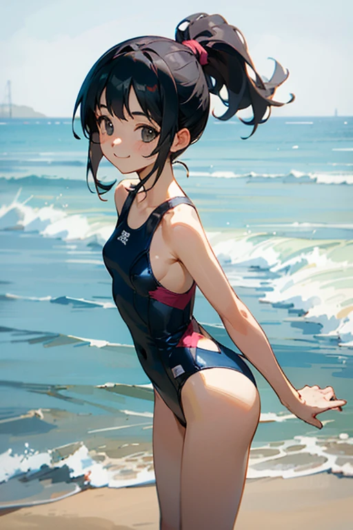 Browsing Caution、With the highest quality、 girl standing on beach。High resolution、Beautiful details、Quiet atmosphere。Black hair ponytail、Cute Smile.。Small breasts、Cute floral one-piece swimsuit。