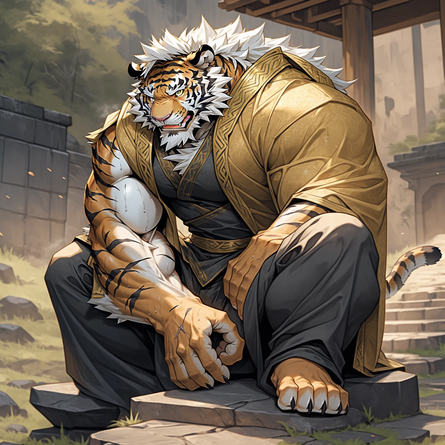 White hair on back，金色tiger纹，白色皮毛老tiger，Strong body，Wearing imperial robes，Dressed in gorgeous clothes，tiger_beast, Detailed fan art，anger，Looking into the distance on the stone，pant，Sweat，White Teeth，is heavily injured，He had a scar on his face，Background Battlefield General