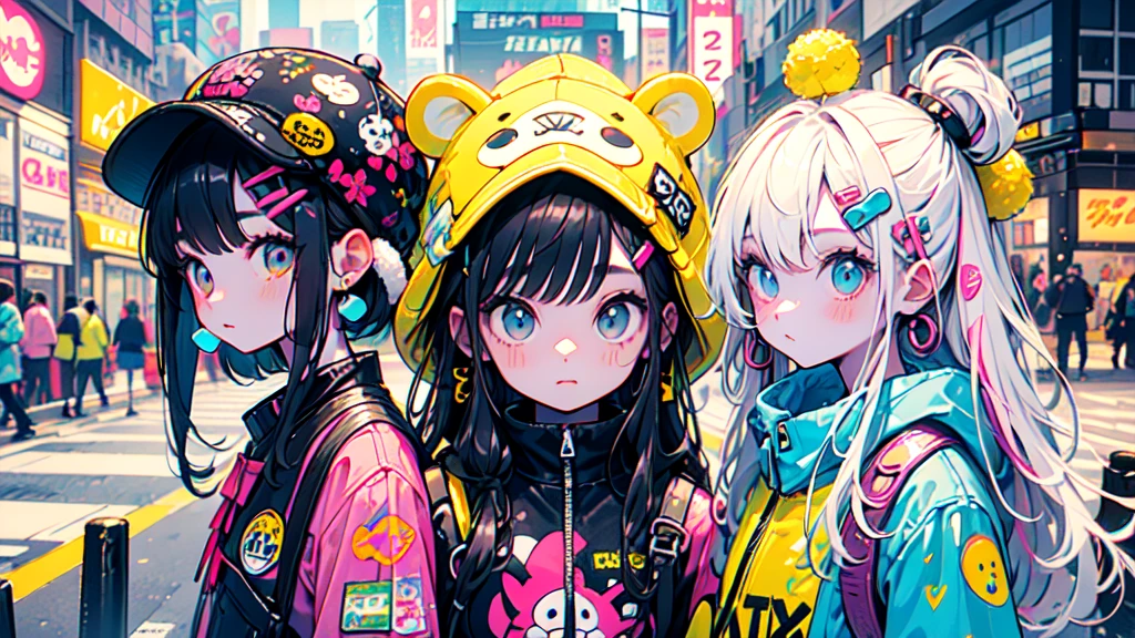 akira toriyama style、"cute, beautiful, Adorable girl in pink clothes, yellow, Baby blue color scheme, Fashionable hats, rock、Comes with decorative accessories such as hair clips. Embodying the vibrant and modern Harajuku fashion style, Cute look, Standing on a neon street