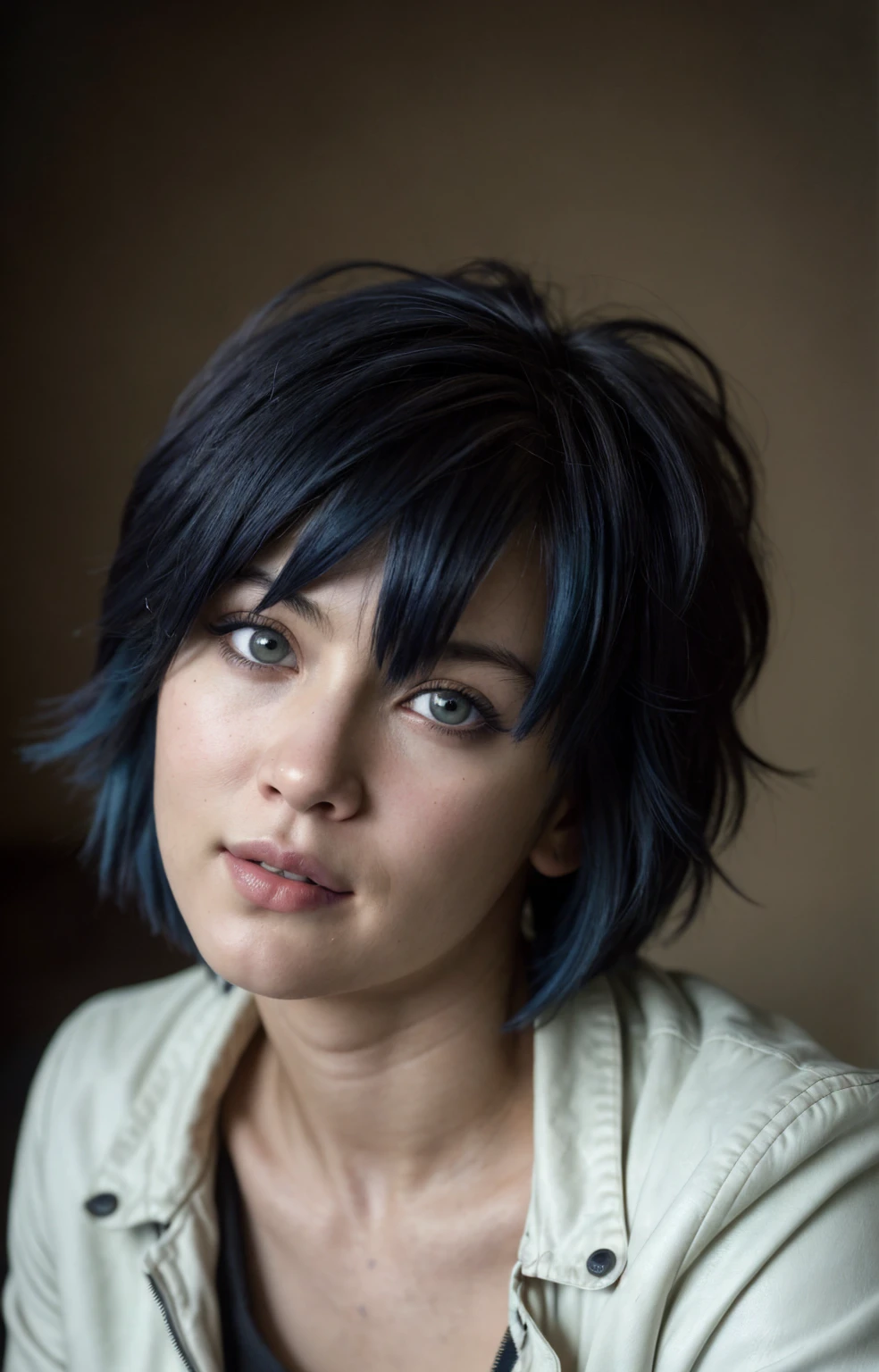 (Close-up, editorial photograph of a 21 year old woman), (highly detailed face:1.4) (smile:0.7) (background inside dark, moody, private study:1.3) POV, by lee jeffries, nikon d850, film stock photograph ,4 kodak portra 400 ,camera f1.6 lens ,rich colors, hyper realistic ,lifelike texture, dramatic lighting , cinestill 800, wavy hair, messy hair, signature short pixie hair cut with bangs, Motoko Kusanagi hairstyle, Mischievous smirk, Blue hair, Blue Eyes, White Skin, black shirt, Motoko Kusanagi Black Jacket from SAC: 2045, Sci Fi, Cyberpunk, Futurism, Ghost in the Shell, Astral Plane, European expressions, European woman, European skin