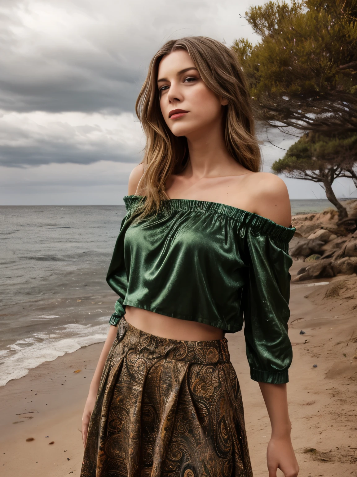 A young woman lies gracefully on the rugged coastline of Ibiza's rural coast, amidst a vibrant yet stormy autumn setting of the 1870s. Her attire consists of a distinctive paisley print off-the-shoulder top and a flowing maxi skirt, both detailed with unique colors and patterns that complement the dramatic autumn scenery. The off-the-shoulder top is crafted from a rich, deep emerald green silk with intricate paisley patterns in bronze and ochre. The fabric's sheen reflects the tumultuous light of the stormy sky, while the off-the-shoulder design reveals her collarbones with delicate elegance. The maxi skirt, made from a soft, rust-colored velvet, drapes around her with subtle movement, its luxurious texture contrasting with the stormy, wind-swept environment. The skirt's hem is adorned with a fringe of muted gold, adding a touch of refinement to the flowing fabric. Her hair is styled in soft, wavy blond locks that fall gracefully around her shoulders. The natural waves are slightly tousled by the strong coastal winds, with the occasional strand catching the dim light of the stormy sky. The buzz-cut at the nape of her neck adds a contemporary twist to her otherwise vintage attire. Her skin is a warm tan, with natural imperfections such as freckles and slight blemishes, highlighted by the golden and grey tones of the overcast sky. The stormy autumn landscape of the rural Ibiza coast is depicted with vivid colors and dramatic elements. The coastline is rugged and rocky, with cliffs jutting out into the turbulent sea below. The trees, mostly Mediterranean oaks and cypress, are in full autumn splendor, their leaves turning a fiery mix of oranges, reds, and deep browns. The storm has sent many of these leaves swirling through the air, creating a dynamic, swirling dance of color around the woman. The sky is heavily overcast with dark, brooding storm clouds, which intermittently release heavy showers and flashes of lightning, adding a imaginary  thread