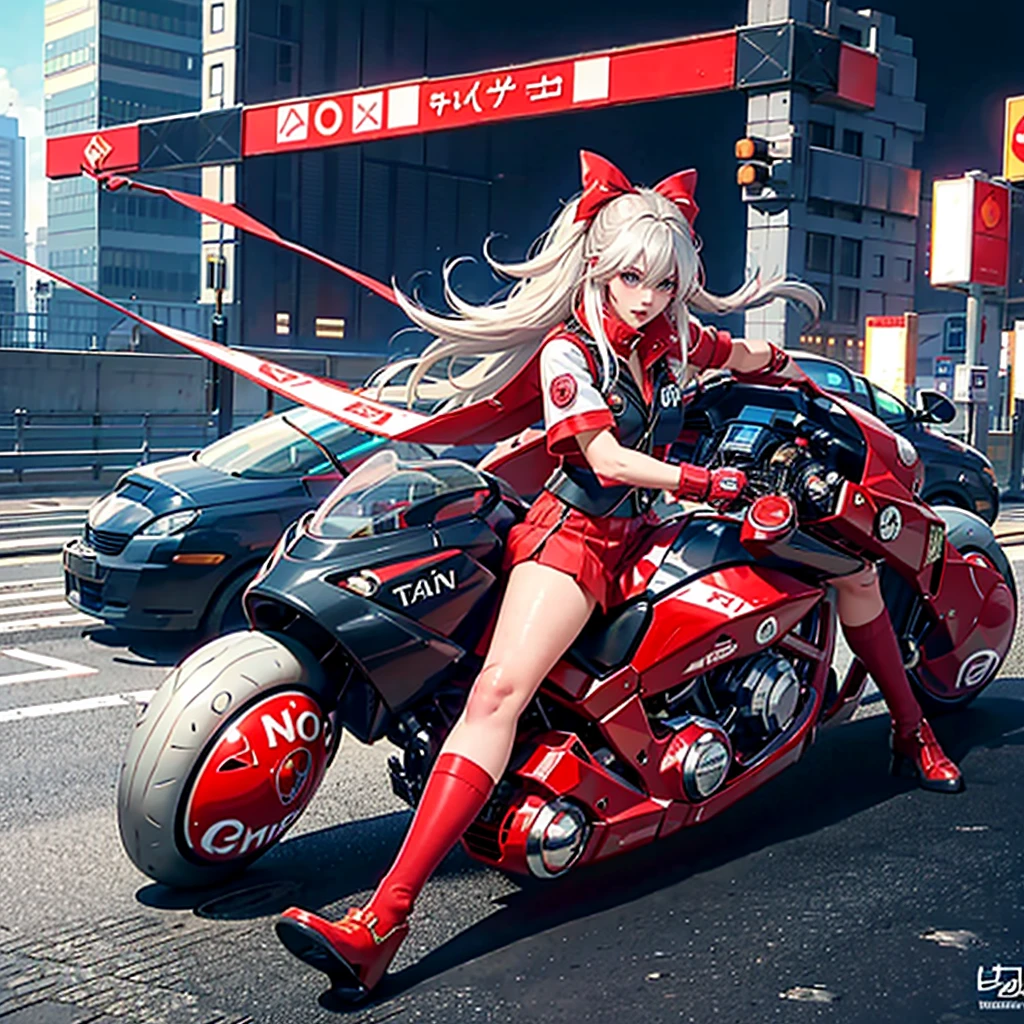 Official Art, Unity 8k Wallpapers, Ultra-detail, Beautiful and aesthetic, ​masterpiece, top-quality, realisitic, banya, red blush, length hair, white  hair, striated hair, Red Neon Eyes, Hair bow, Mole under the eyes, Red Akira Bike, Riding Bicycles, natta, Cyberpunk City View, Spectacular screen, Uniforms,neon color，Rin々Nice ，Cute ，bow ribbon，