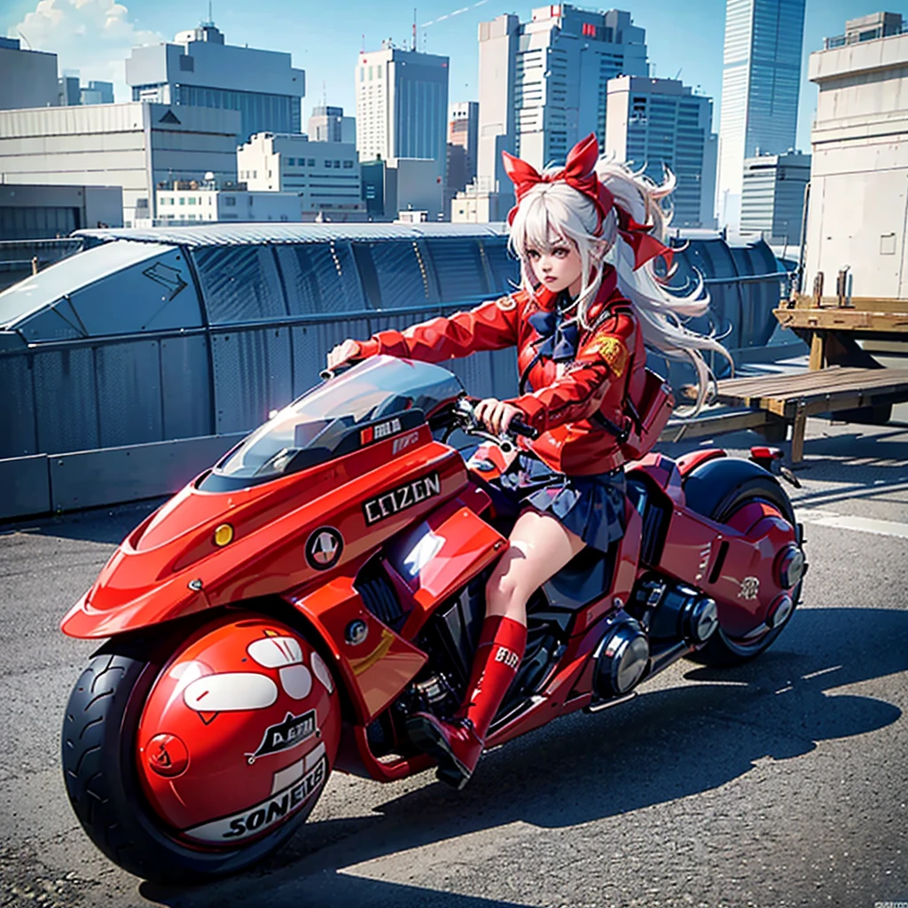 Official Art, Unity 8k Wallpapers, Ultra-detail, Beautiful and aesthetic, masterpiece, top-quality, realisitic, banya, red blush, length hair, white hair, striated hair, Red Neon Eyes, Hair bow, Mole under the eyes, Red Akira Bike, Riding Bicycles, natta, Cyberpunk City View, Spectacular screen, Uniforms,neon color,Rin々Nice ,Cute ,bow ribbon,
