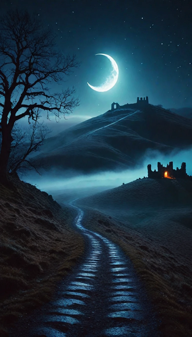 Dark road in the foggy hills, fire Fly, Will-O-Wisp, Mysterious, Crescent Moon, January, Ancient ruins in the background, (nighttime), (Glowing fog:1.2), Calm colors, beautiful, Dark fantasy, Otherworldly, Surreal, 16K, dream-like, (Starlight:0.9), Umbro type, beautiful, masterpiece, Highest quality, 32K, Depth of written boundary, Highest quality, Cinematic, Movie stills, High Contrast, Atmospheric, perfection, High resolution, Absurd, Celestial, Crystalline, Natural wonders, Looks good and makes a good impression, Vaporwave, Cold Light, (Dim Light), bloom, Award-Winner, night,