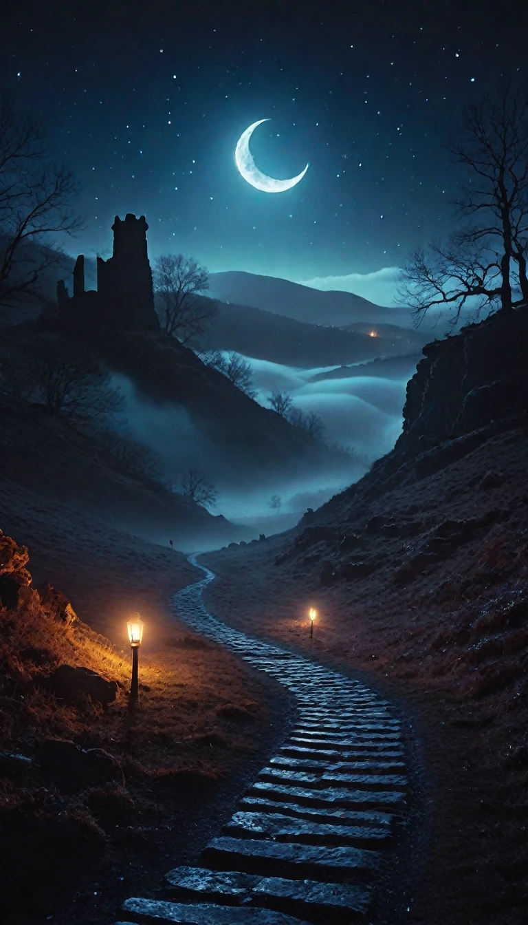 Dark road in the foggy hills, fire Fly, Will-O-Wisp, Mysterious, Crescent Moon, January, Ancient ruins in the background, (nighttime),  (Glowing fog:1.2), Calm colors, beautiful, Dark fantasy, Otherworldly, Surreal, 16K, dream-like, (Starlight:0.9), Umbro type, beautiful, masterpiece, Highest quality, 32K, Depth of written boundary, Highest quality, Cinematic, Movie stills, High Contrast, Atmospheric, perfection, High resolution, Absurd, Celestial, Crystalline, Natural wonders, Looks good and makes a good impression, Vaporwave, Cold Light, (Dim Light), bloom, Award-Winner, night, 