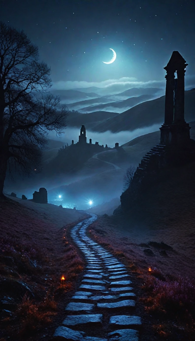 Dark road in the foggy hills, fire Fly, Will-O-Wisp, Mysterious, Crescent Moon, January, Ancient ruins in the background, (nighttime),  (Glowing fog:1.2), Calm colors, beautiful, Dark fantasy, Otherworldly, Surreal, 16K, dream-like, (Starlight:0.9), Umbro type, beautiful, masterpiece, Highest quality, 32K, Depth of written boundary, Highest quality, Cinematic, Movie stills, High Contrast, Atmospheric, perfection, High resolution, Absurd, Celestial, Crystalline, Natural wonders, Looks good and makes a good impression, Vaporwave, Cold Light, (Dim Light), bloom, Award-Winner, night, 