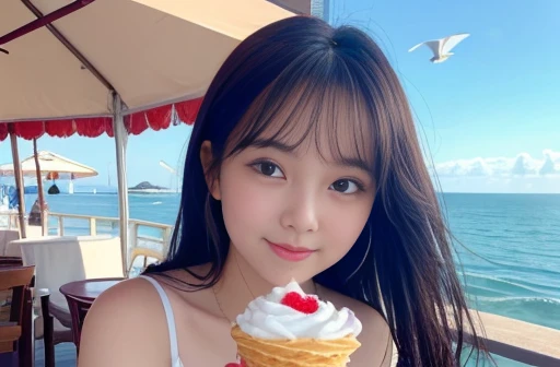 Highest quality,4K,Beautiful woman、Cute eyes,A shortcake is placed on top of the soft serve ice cream.、A girl holding a large soft serve ice cream、port、Eat soft serve ice cream while gazing at the sea、The surface of the water sparkles in the sunlight:1.5,Very beautiful scenery,Seagulls are flying,Cute girl、