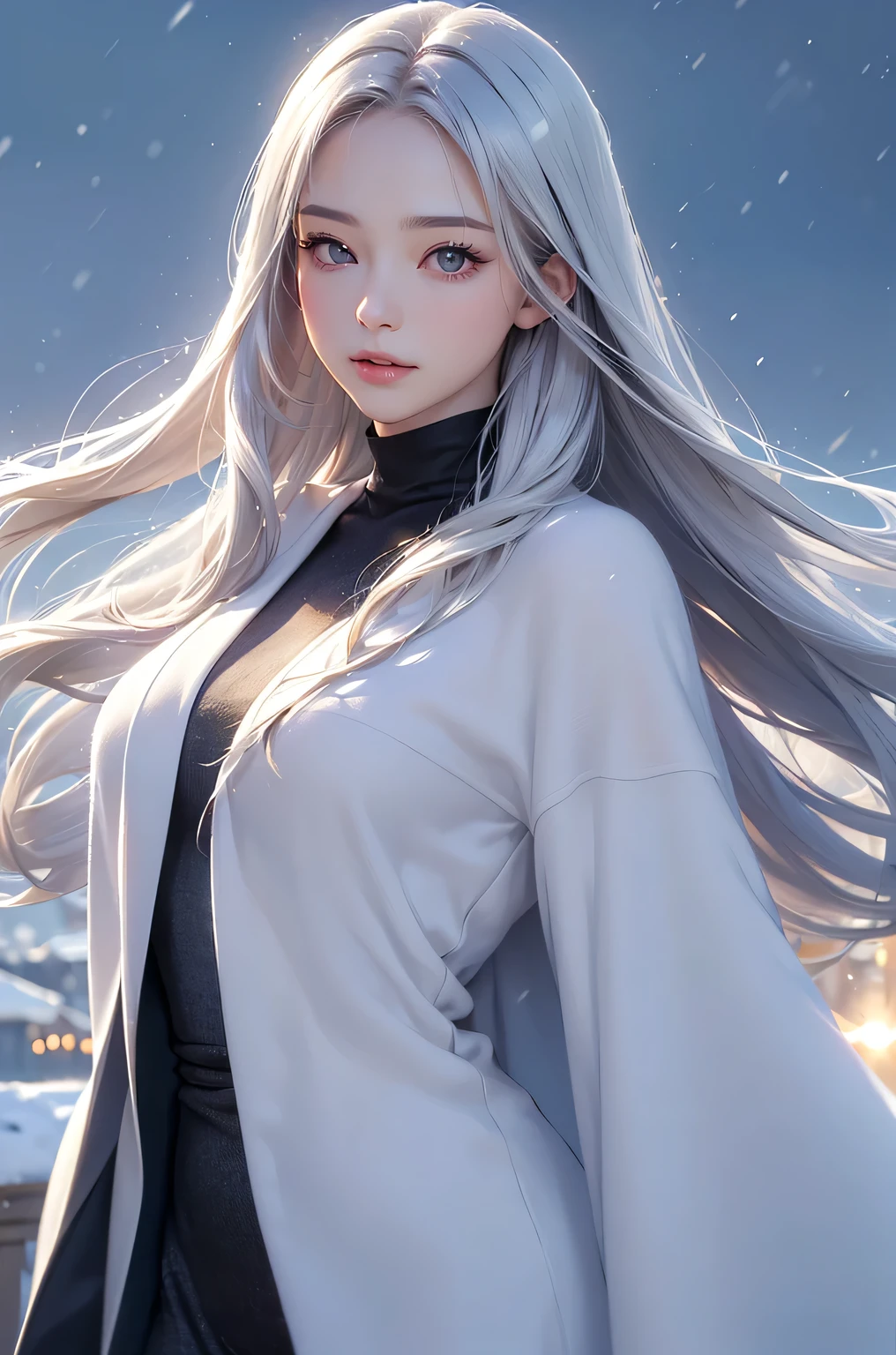 ((masterpiece:1.5、8k、Portraiture、Photorealistic and very detailed CG、Very detailed、Particle Effects、Dynamic Effects、Shallow depth of field、Cinematic Light、Lens flare、Ray Tracing、Tabletop、Realistic:1.4、Ultra-high resolution:1.2、Realistic、Realistic))((alone、Woman wearing a cashmere coat:1.4、Elegant woman posing、Detailed face、brightexpression、young, bright, Whiter skin、Ample breasts、Best Looks、Ultimate beauty、Shiny silver hair with highlights、bright and shiny hair,、Super long, Silky straight hair、Hair dancing in the wind))(morning、The setting is outdoors in the snow、Surrounded by illuminations)