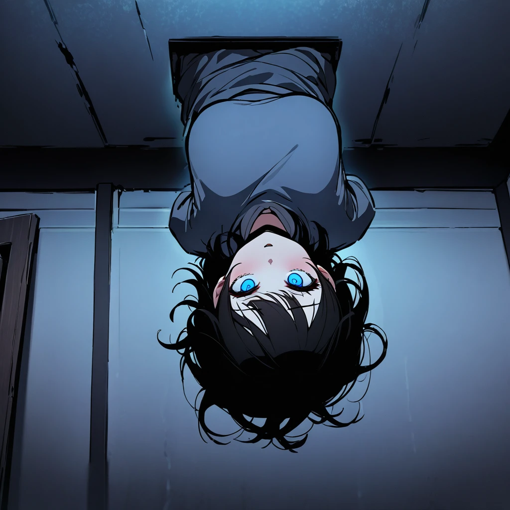 Top quality, masterpiece, high resolution, horror style, cute woman, shoulder-length black hair,大きい胸,glowing blue eyes, corner of the room, stuck to the ceiling, upside down pose, dimly lit room
