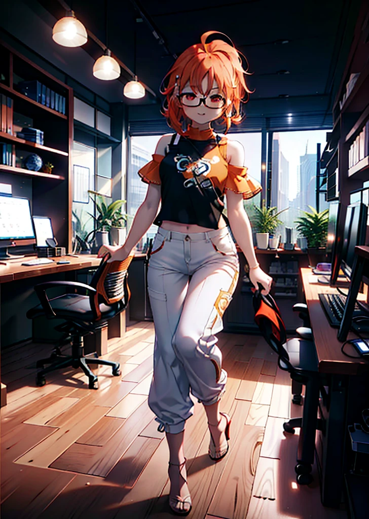 Takahai Chige,Orange Hair,Red eyes,smile,Long Hair,Ahoge,Cold Shoulder Shirt,Short sleeve,skinny pants,Stiletto heels,Black-rimmed glasses,interior,There is a computer on the table,Walking,whole bodyがイラストに入るように,Daytime,Clear skies,　　　　 　　　　　　　　　　　　break indoors, office, 　　　　　　　　　　　break looking at viewer, whole body, 　　　　　　　　break (masterpiece:1.2), Highest quality, High resolution, unity 8k wallpaper, (shape:0.8), (Beautiful attention to detail:1.6), Highly detailed face, Perfect lighting, Extremely detailed CG, (Perfect hands, Perfect Anatomy),