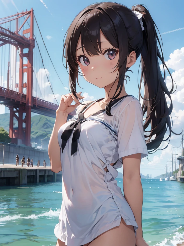((Highest quality)), ((masterpiece)), (detailed),Perfect Face, ((Long Hair, bangs, Dark brown hair, Different types of hairstyles, Twin tails, ponytail,Completely naked)),Strong light from the front,With front light,The best natural light,Daytime lighting,Angle from the front,浅瀬で腰まで水に入ってCompletely nakedで横一列に並んで立って裸で股間を見せ合っている無乳で貧乳で腰まで水に漬かっているフルヌードのローティーンのグループ,