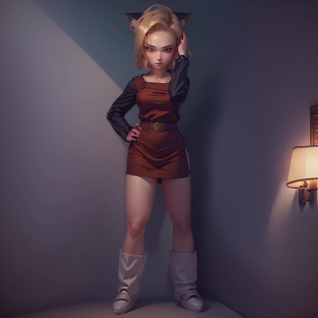 a beautiful young catgirl, 1girl, official character art, android 18, saiyan girl, anime catgirl, cat ears, cat girl, girl in a dress, detailed face, beautiful detailed eyes, beautiful detailed lips, extremely detailed eyes and face, long eyelashes, detailed clothing, detailed background, cinematic lighting, dramatic lighting, colorful, vibrant colors, digital painting, photorealistic, 8k, high quality, intricate details, masterpiece