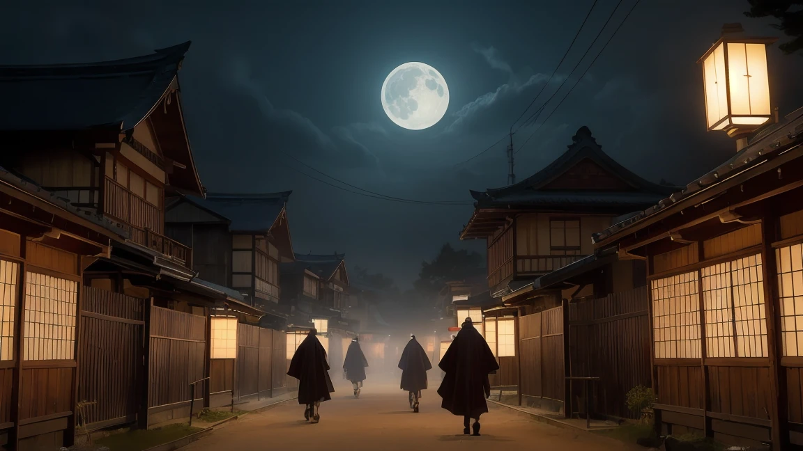 A scene depicting the Hyakki Yagyo, a night parade of one hundred demons in Japanese folklore. The image should be dark and eerie, set during a moonlit night with a misty atmosphere. The demons should be varied and fantastical, with traditional Japanese yokai such as oni, tengu, and kitsune. They should be parading through an ancient Japanese village with traditional wooden houses and lanterns illuminating their path. The image should have a mystical and supernatural feel, with rich details and vibrant colors highlighting the demons' features and the eerie environment.