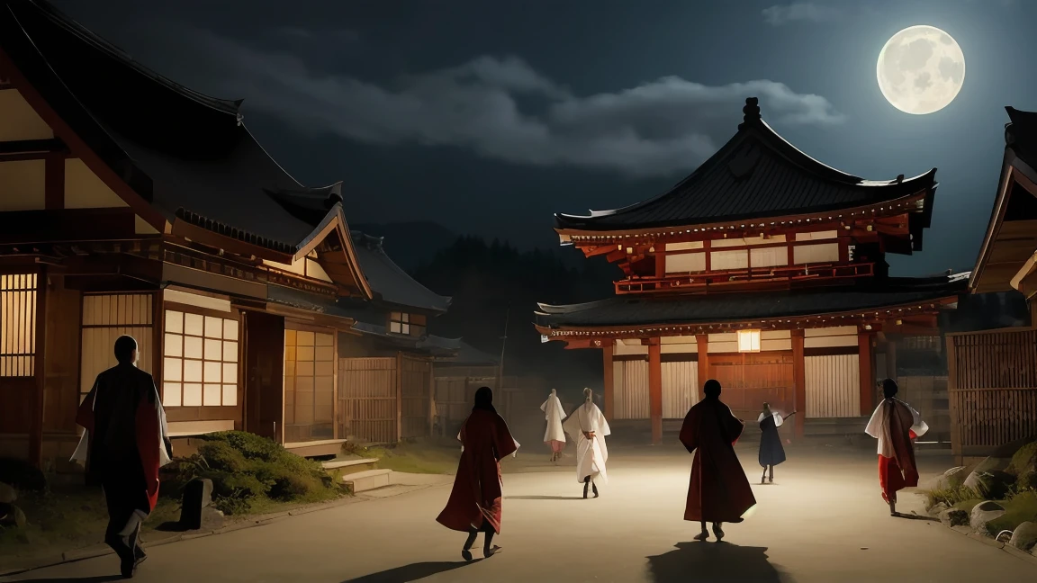A scene depicting the Hyakki Yagyo, a night parade of one hundred demons in Japanese folklore. The image should be dark and eerie, set during a moonlit night with a misty atmosphere. The demons should be varied and fantastical, with traditional Japanese yokai such as oni, tengu, and kitsune. They should be parading through an ancient Japanese village with traditional wooden houses and lanterns illuminating their path. The image should have a mystical and supernatural feel, with rich details and vibrant colors highlighting the demons' features and the eerie environment.