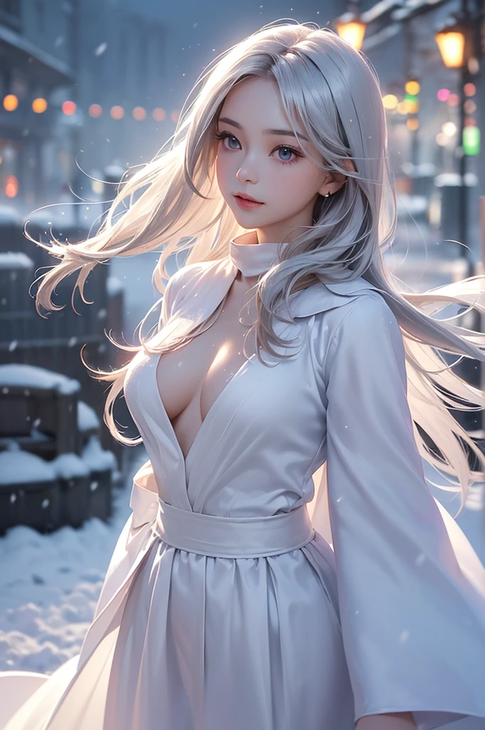 ((masterpiece:1.5、8k、Portraiture、フォトリアリスティックでVery detailedなCG、Very detailed、Particle Effects、Dynamic Effects、Shallow depth of field、Cinematic Light、Lens flare、Ray Tracing、Tabletop、Realistic:1.4、Ultra-high resolution:1.2、Realistic、Realistic))((alone、Woman wearing a cashmere coat:1.4、Elegant woman posing、Detailed face、bright表情、young, bright, Whiter skin、Ample breasts、Best Looks、Ultimate beauty、Shiny silver hair with highlights、bright and shiny hair,、Super long, Silky straight hair、Hair dancing in the wind))(morning、The setting is outdoors in the snow、Surrounded by illuminations)