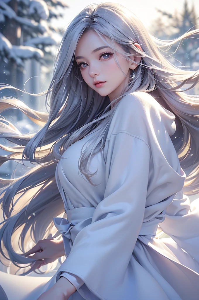 ((masterpiece:1.5、8k、Portraiture、フォトリアリスティックでVery detailedなCG、Very detailed、Particle Effects、Dynamic Effects、Shallow depth of field、Cinematic Light、Lens flare、Ray Tracing、Tabletop、Realistic:1.4、Ultra-high resolution:1.2、Realistic、Realistic))((alone、Woman wearing a cashmere coat:1.4、Elegant woman posing、Detailed face、bright表情、young, bright, Whiter skin、Ample breasts、Best Looks、Ultimate beauty、Shiny silver hair with highlights、bright and shiny hair,、Super long, Silky straight hair、Hair dancing in the wind))(morning、The setting is outdoors in the snow、Surrounded by illuminations)