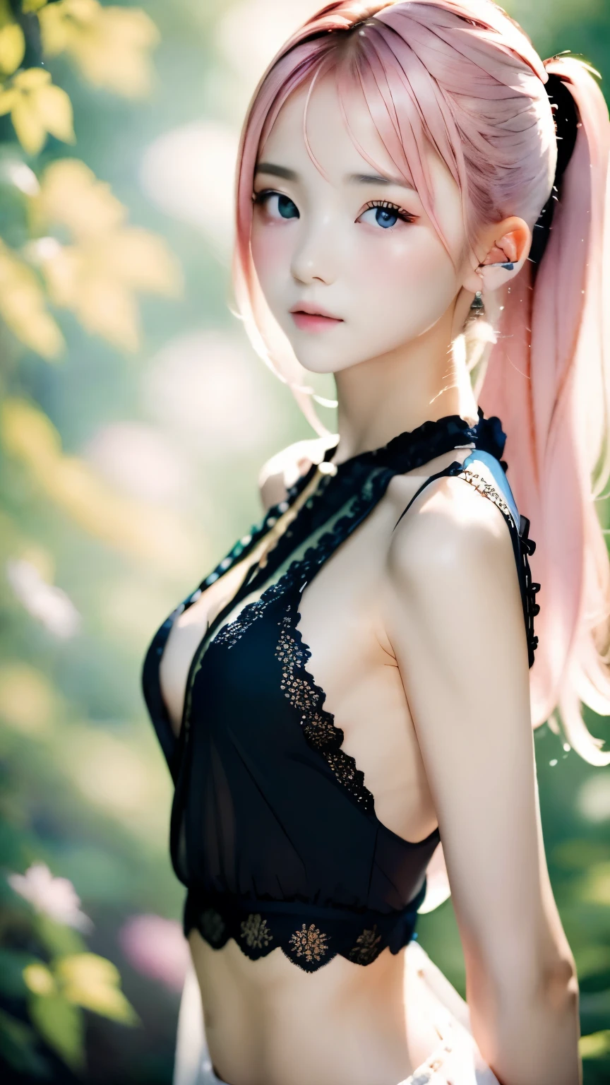 (((blurred background、Watercolor style background)))、one girl、yo talent、anatomy、pale pink eyes、Loosely braided low ponytail、light pink hair、small breasts、black dress open neck dress、sheer lace dress、See-through feeling、random pose、highest quality、High resolution、High resolution、cinematic lighting、professional photographer、Korean,Korean superstar beauty,Famous Korean dancer and singer,Beautiful nipples,Are thin,Sharp facial features,Beautiful nipples,Realistic Photo,Surreal,Photorealistic photography,