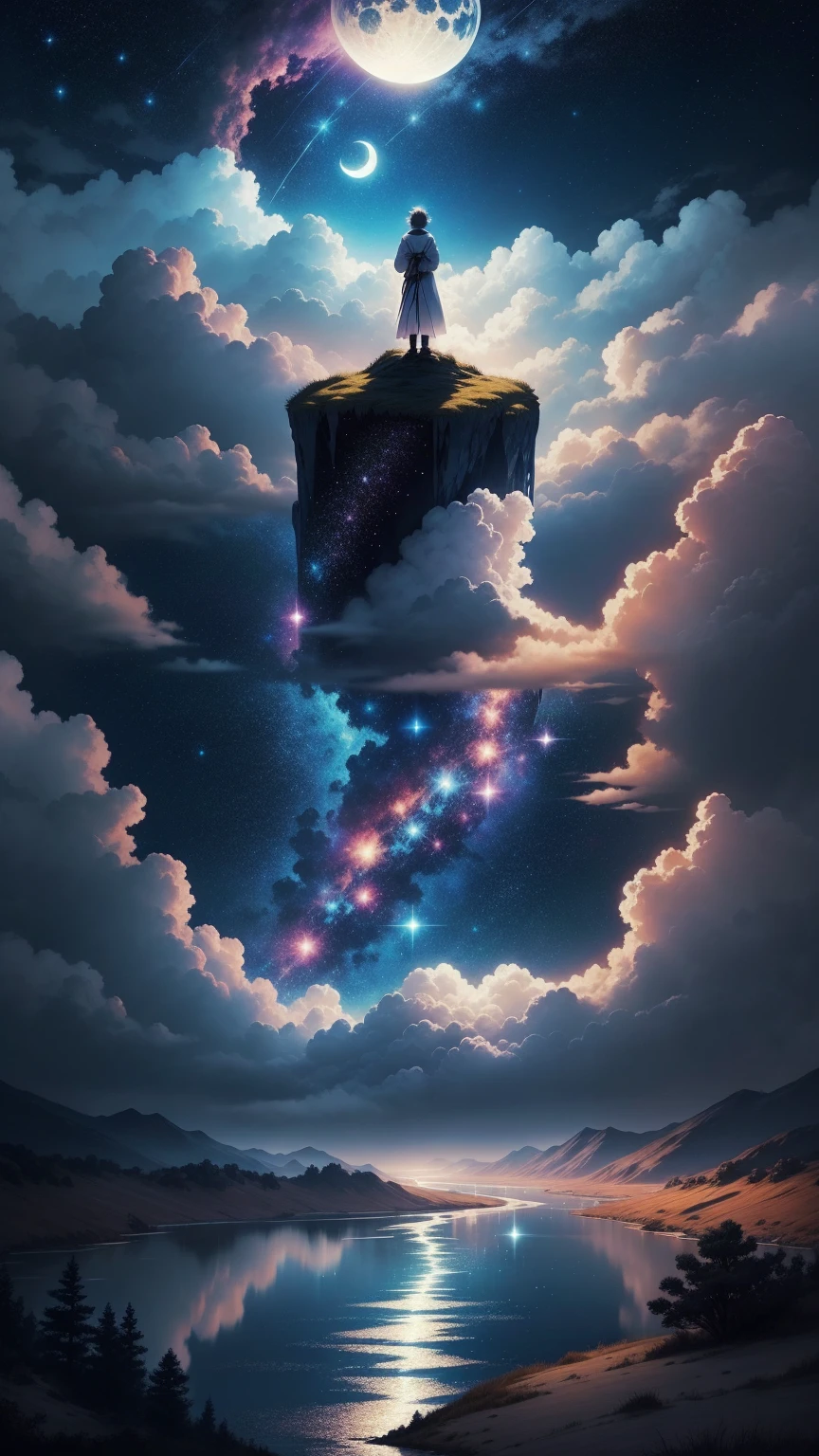 Painting of a river with stars and moon floating in the sky，The concept art was inspired by Tosa Mitsuoki，pixiv Contest Winner，Highest quality，Fantasy art，Beautiful anime scene，Bright Moon，月明かりの下でのStarry Skyの環境，Dream Painting，Anime Background Art，dream scenery art，Great night, Anime Background, Background artwork, Dreamy art, Atmospheric anime, Starry Sky，Detail enhancements