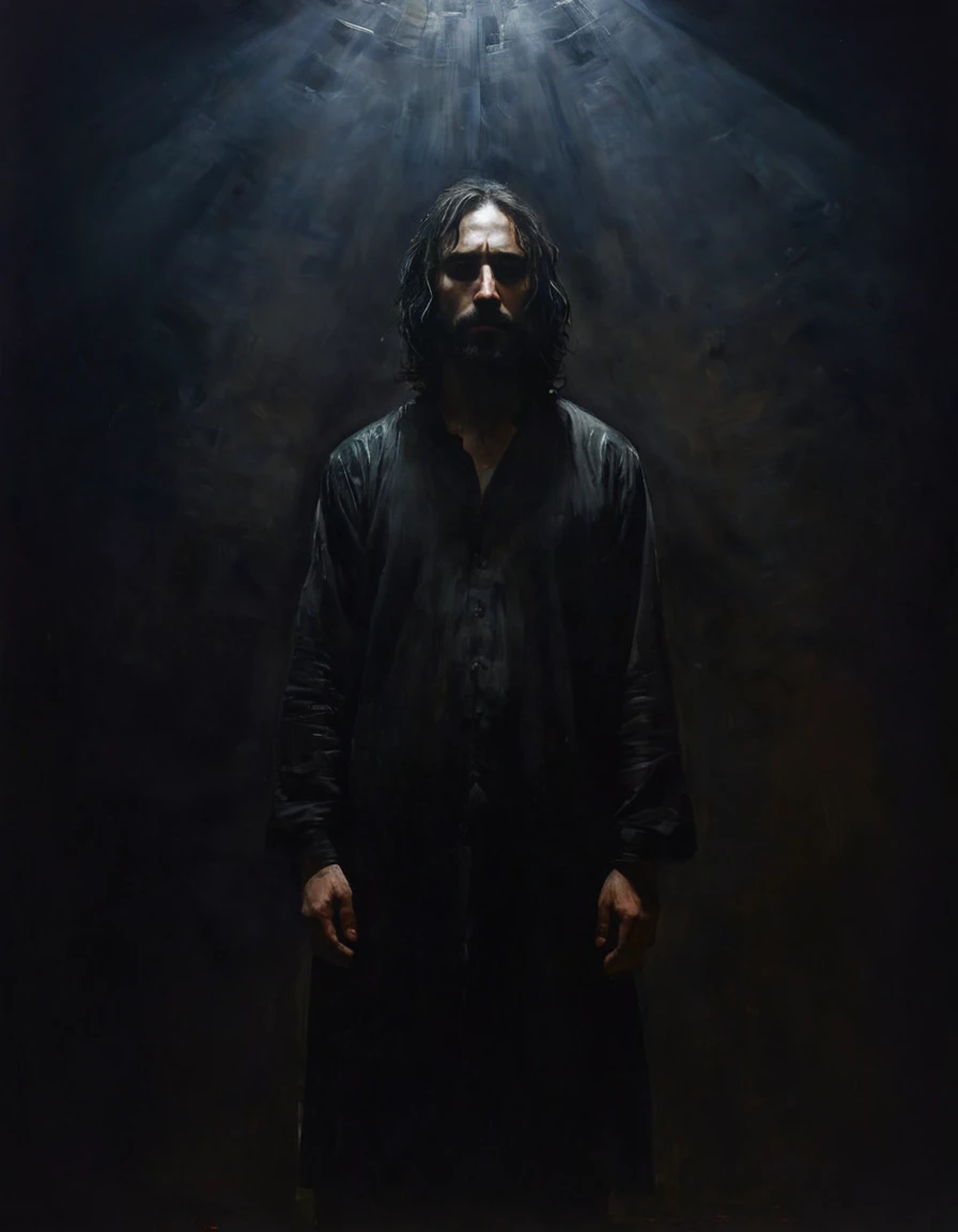 painting of a man, dark atmosphere, cinematic scene, volumetric lights, ultra realistic, in the style of nicola samori