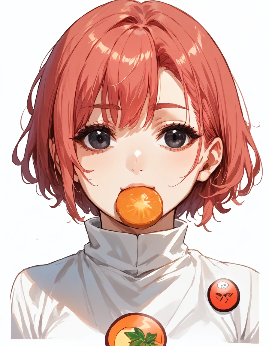 Best Quality, masterpiece, kyrielight puree, Alone, 1 girl, black eyes, White high collar shirt, (chibi: 0.6), light red hair, sticker, emojis, Beautiful, White background, ((Making food))