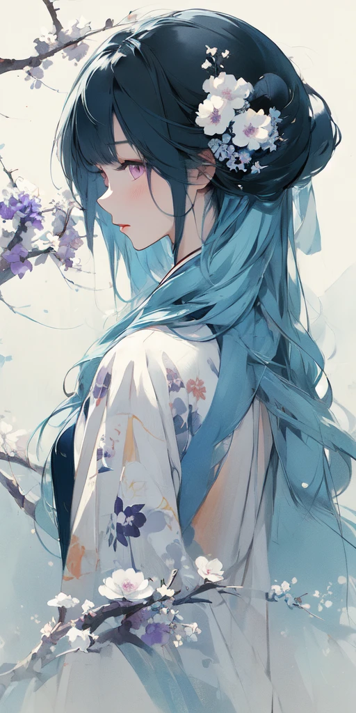 (masterpiece:1.2), best quality,pixiv,中国Ink Painting,Ink Painting, 1 Girl, Long hair, Solitary,Light blue hair,Purple Eyes,