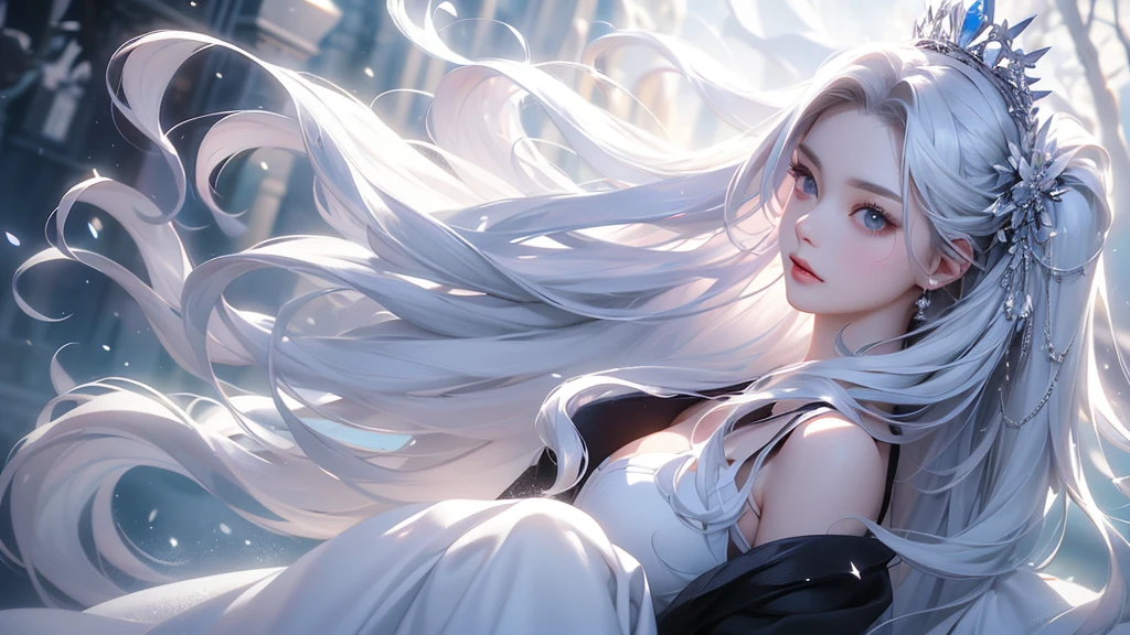 ((Above the knees image:1.5、Zoom out))((masterpiece:1.5、8k、Tabletop、フォトリアリスティックでVery detailedなCG、Very detailed、Particle Effects、Dynamic Effects、Shallow depth of field、Cinematic Light、Lens flare、Ray Tracing、Tabletop、Realistic:1.4、Ultra-high resolution:1.2、Realistic、Realistic))((alone, 1 girl、A woman wearing a black cashmere coat over an off-the-shoulder dress:1.4、Elegant woman posing、Detailed face、bright表情、young, bright, Whiter skin、Medium chest、Beautiful cleavage、Small waist、Best Looks、Asian、Ultimate beauty、bright and shiny hair,、Super long, Silky straight hair、Hair dancing in the wind))(morning、The setting is a snow-covered temple、Crystal of snow)((shiny white hair))