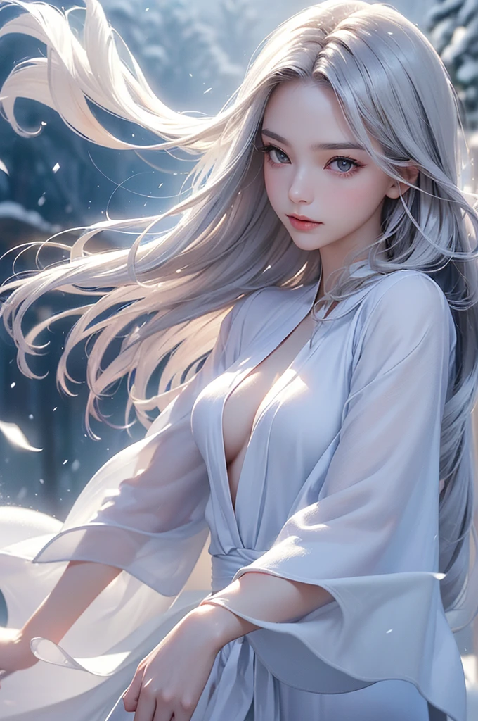 ((masterpiece:1.5、8k、Portraiture、フォトリアリスティックでVery detailedなCG、Very detailed、Particle Effects、Dynamic Effects、Shallow depth of field、Cinematic Light、Lens flare、Ray Tracing、Tabletop、Realistic:1.4、Ultra-high resolution:1.2、Realistic、Realistic))((alone、Woman wearing a cashmere coat:1.4、Elegant woman posing、Detailed face、bright表情、young, bright, Whiter skin、Ample breasts、Best Looks、Ultimate beauty、Shiny silver hair with highlights、bright and shiny hair,、Super long, Silky straight hair、Hair dancing in the wind))(morning、The setting is outdoors in the snow、Surrounded by illuminations)