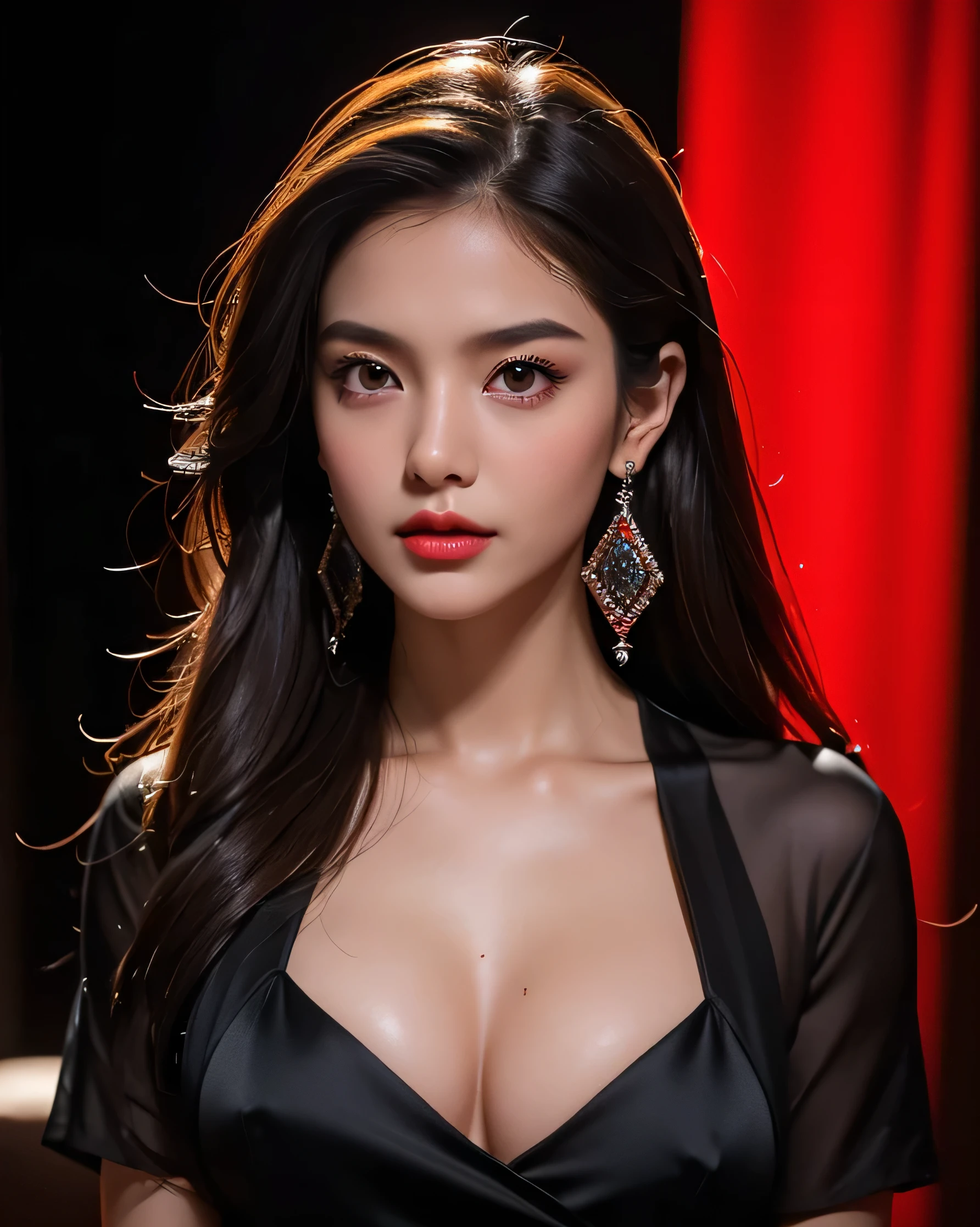 Ultra HD resolution,artistic photos,Professional Photography,Dark red LED Background ((21 year very sexy girl deep in thought looking at the camera, earrings, long brunette wet hair, cold ultra realistic damp skin, wearing very sexy black silk blouse)), exposed cleavage, posing like super-model, in a office at night, deep in thought looking at the camera, natural red lips, attention to detail, captivating eyes.