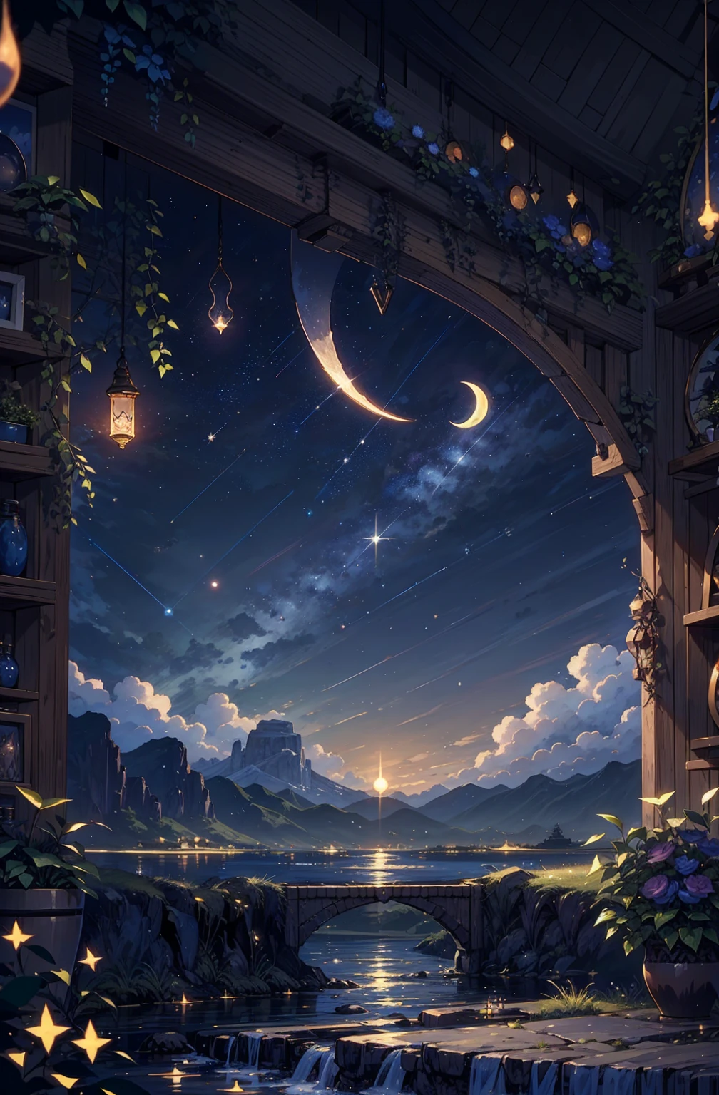 {{{Crescent Moon,Tabletop}}}, {{Highest quality, Ultra-fine illustrations, Beautiful and delicate water}}, {{Very delicate light}}, {{nature, Painting}}, {{Excellent lighting, A more transparent star, Quality Mountains々々々々々々々, Very beautiful 8K PCG wallpaper}}, (plateau), sunrise, Randomly distributed clouds, cliff, ((Rotating starry sky)), ((Lake of the mountain stream)), Glowing particles,Crescent Moon,Moonlit Night