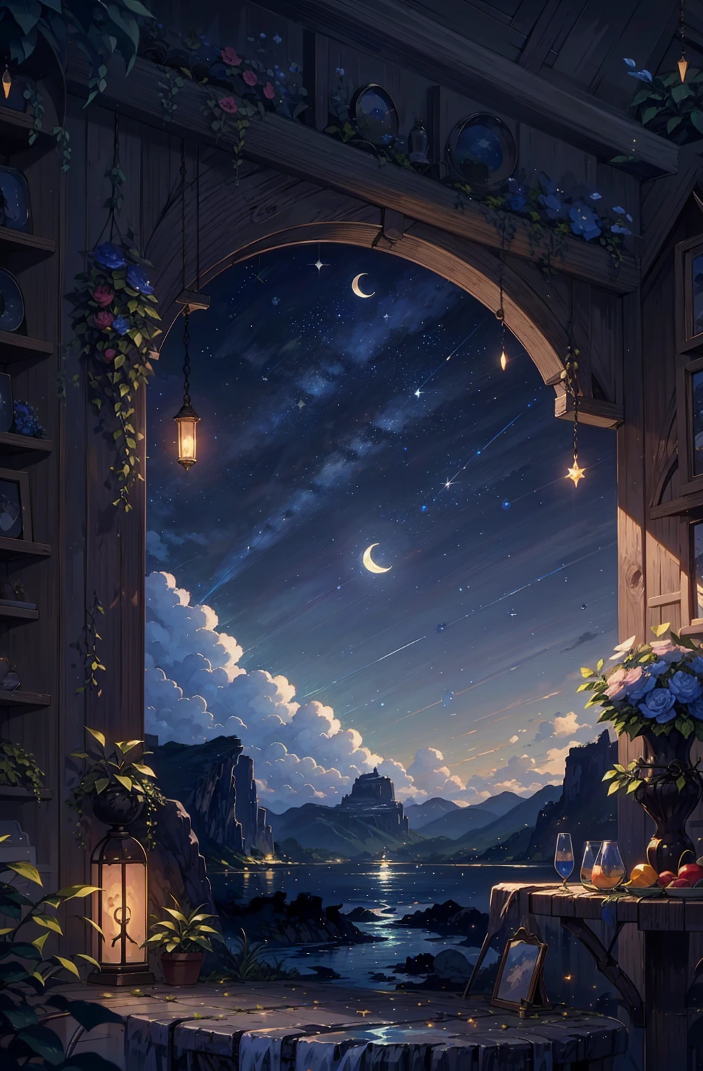{{{Crescent Moon,Tabletop}}}, {{Highest quality, Ultra-fine illustrations, Beautiful and delicate water}}, {{Very delicate light}}, {{nature, Painting}}, {{Excellent lighting, A more transparent star, Quality Mountains々々々々々々々, Very beautiful 8K PCG wallpaper}}, (plateau), sunrise, Randomly distributed clouds, cliff, ((Rotating starry sky)), ((Lake of the mountain stream)), Glowing particles,Crescent Moon,Moonlit Night