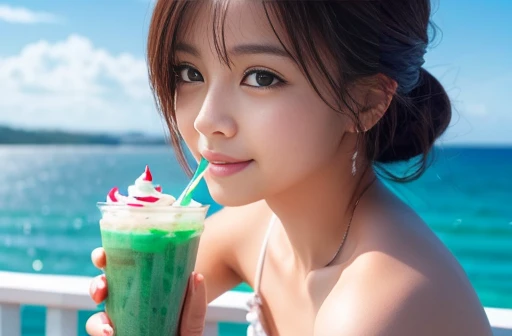 Highest quality,4K,Cowboy Shot,Beautiful woman、Cute eyes,A shortcake is placed on top of the soft serve ice cream.、A girl holding a large soft serve ice cream、port、Eat soft serve ice cream while gazing at the sea、Emerald Green Sea,The surface of the water sparkles in the sunlight:1.5,Very beautiful scenery,Seagulls are flying,Cute girl、