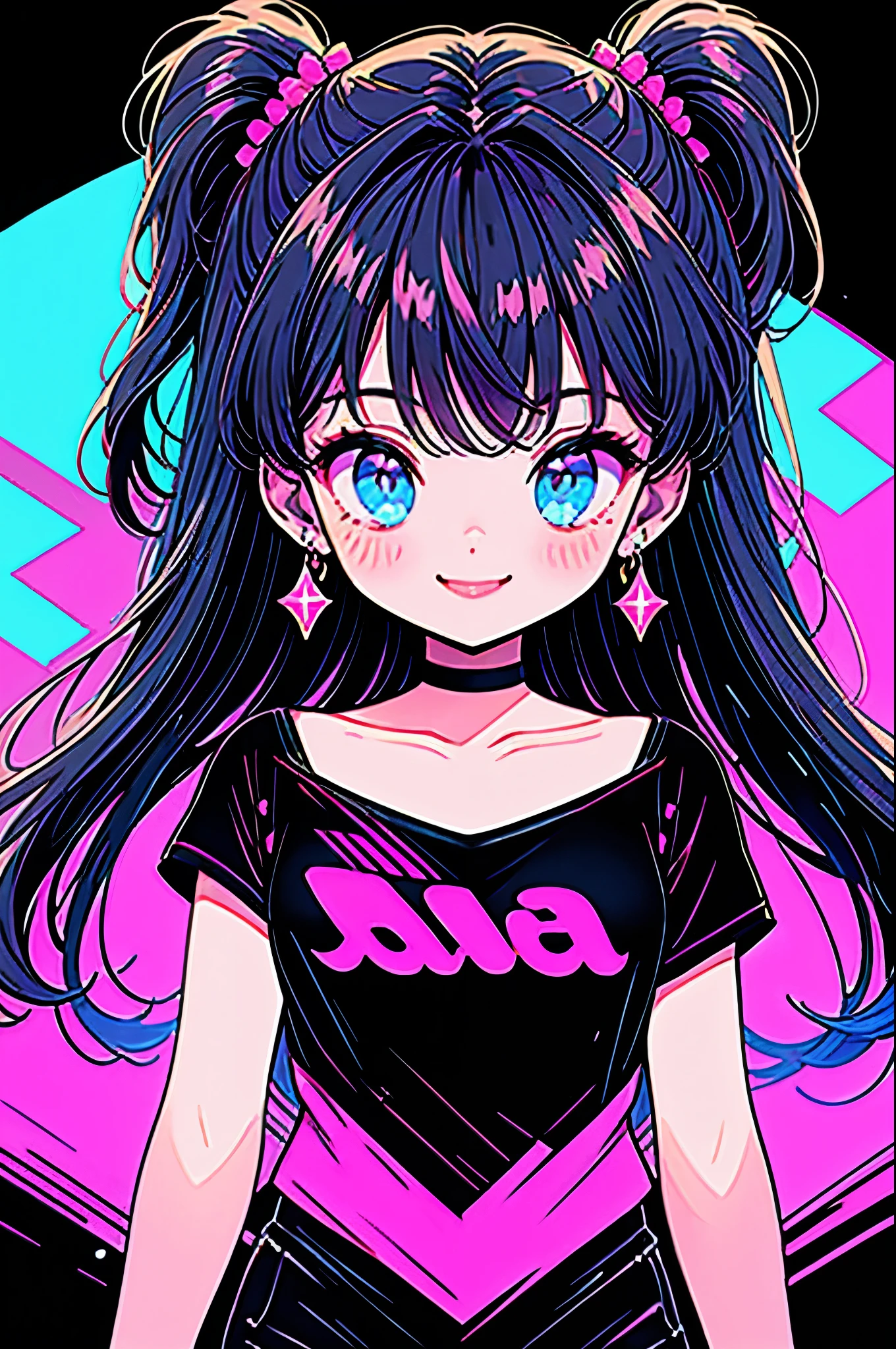 Highest quality,smile,woman,woman1人,cute,Long Hair,Black Hair,Light blue eyes, Black T-shirt,Black shorts,Sparkly earrings,Black choker, Pink background,