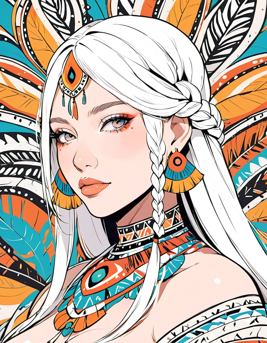 beautiful busty long white braided hair tribal woman portrait illustration