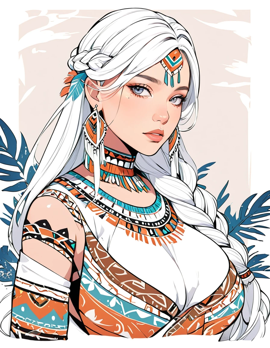 beautiful busty long white braided hair tribal woman portrait illustration