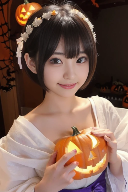 (a 22 year old japanese girl, detailed cutie face, beautiful detailed eyes, detailed dropped eyes, beautiful charming smile, extremely detailed face,short hair,anime style, halloween party:1.75), colorful lights, pumpkin decorations, haunted house, best quality, 4k, highres, masterpiece, realistic, photorealistic, photo-realistic, vivid colors, intricate details, fantasy, soft lighting, magical