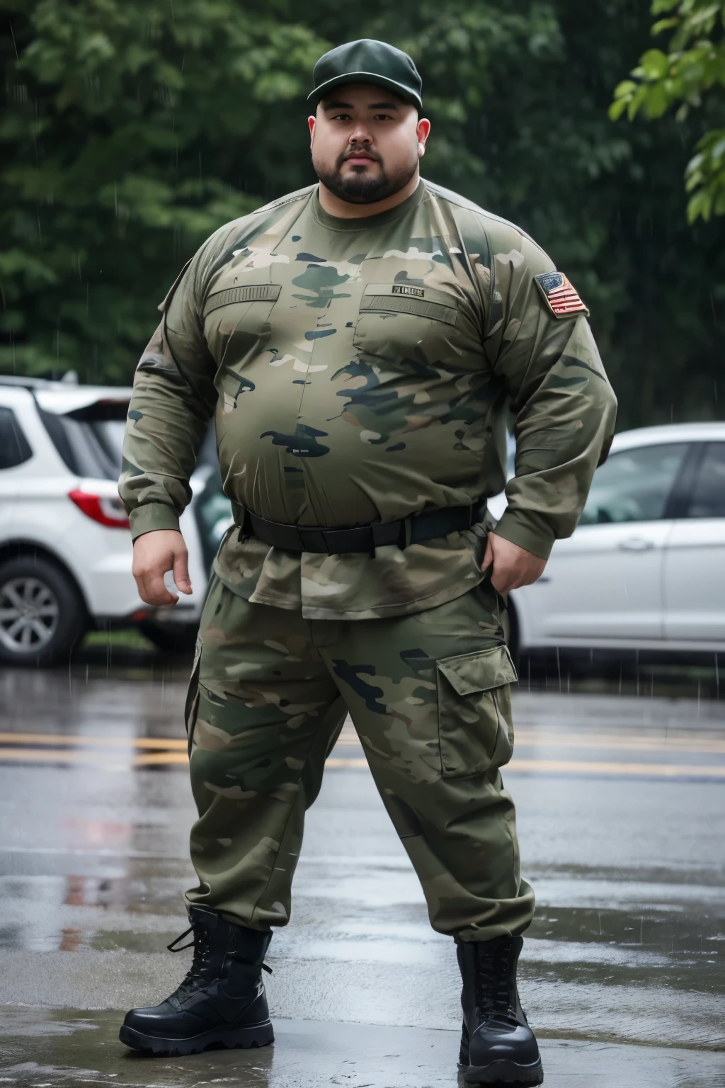 Under heavy rain，There was a man wearing a set of military green camouflage tactical clothes and pants standing guard with his back to me.，He was wearing brown combat boots.！Wear long white socks！This bear-like man has big arms and a thick waist.，Obese，Fat-wrapped muscles，Especially the pectoral muscles，Very big！No belly！And he&#39;s a head taller than me.，Beard，Buzz cut。I&#39;m already soaked in the rain！Clothes are wet！But still insist on standing guard，Stand in military posture，stand at attention，，Keep your palms close to the outside of your legs，Legs together，Very serious，Very dedicated。Notice：He was soaking wet.！，No belly，Big chest muscles，The arms are very thick。