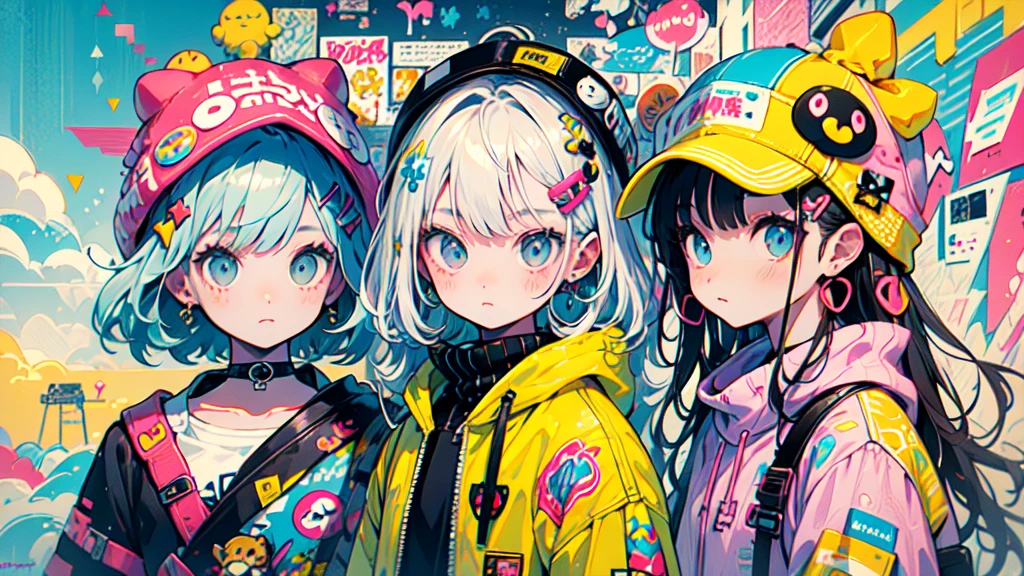 akira toriyama style、"cute, beautiful, Adorable girl in pink clothes, yellow, Baby blue color scheme, Fashionable hats, rock、Comes with decorative accessories such as hair clips. Embodying the vibrant and modern Harajuku fashion style, Cute look, Floating in the sky, Fantastic depiction
