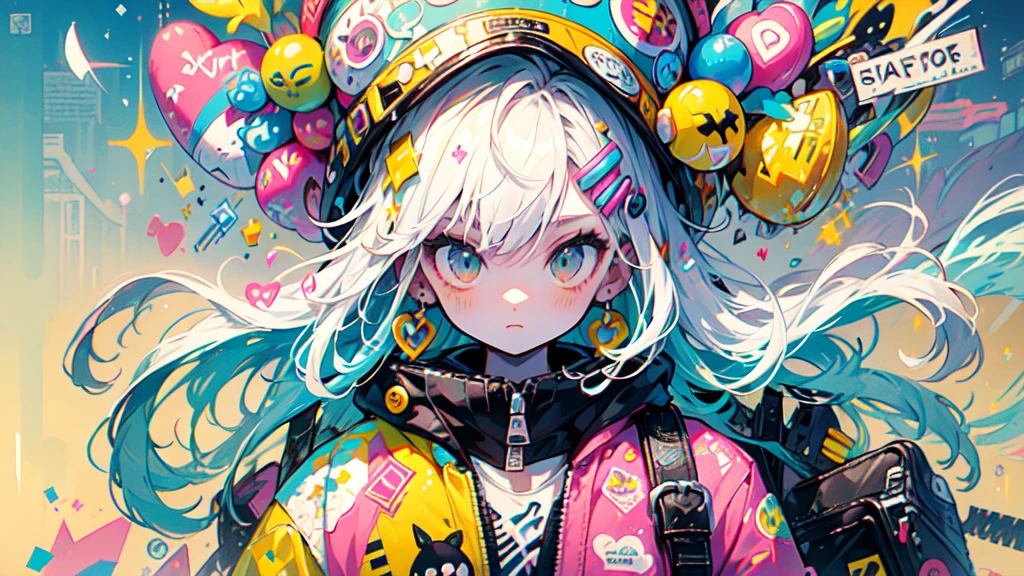 akira toriyama style、"cute, beautiful, Adorable girl in pink clothes, yellow, Baby blue color scheme, Fashionable hats, rock、Comes with decorative accessories such as hair clips. Embodying the vibrant and modern Harajuku fashion style, Cute look, Floating in the sky, Fantastic depiction