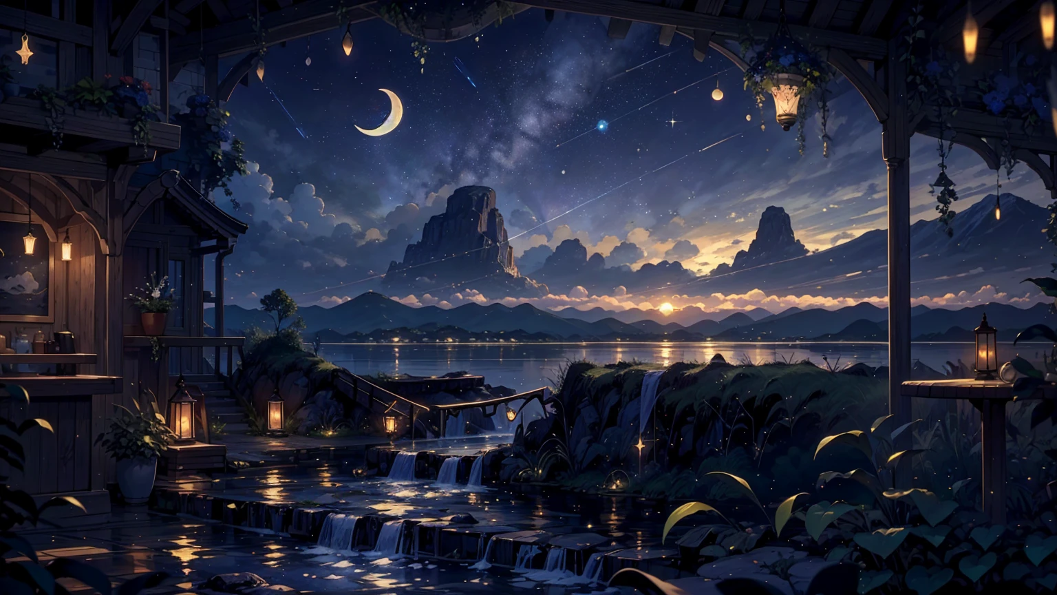 {{{Crescent Moon,Tabletop}}}, {{Highest quality, Ultra-fine illustrations, Beautiful and delicate water}}, {{Very delicate light}}, {{nature, Painting}}, {{Excellent lighting, A more transparent star, Quality Mountains々々々々々々々, Very beautiful 8K PCG wallpaper}}, (plateau), sunrise, Randomly distributed clouds, cliff, ((Rotating starry sky)), ((Lake of the mountain stream)), Glowing particles,Crescent Moon,Moonlit Night