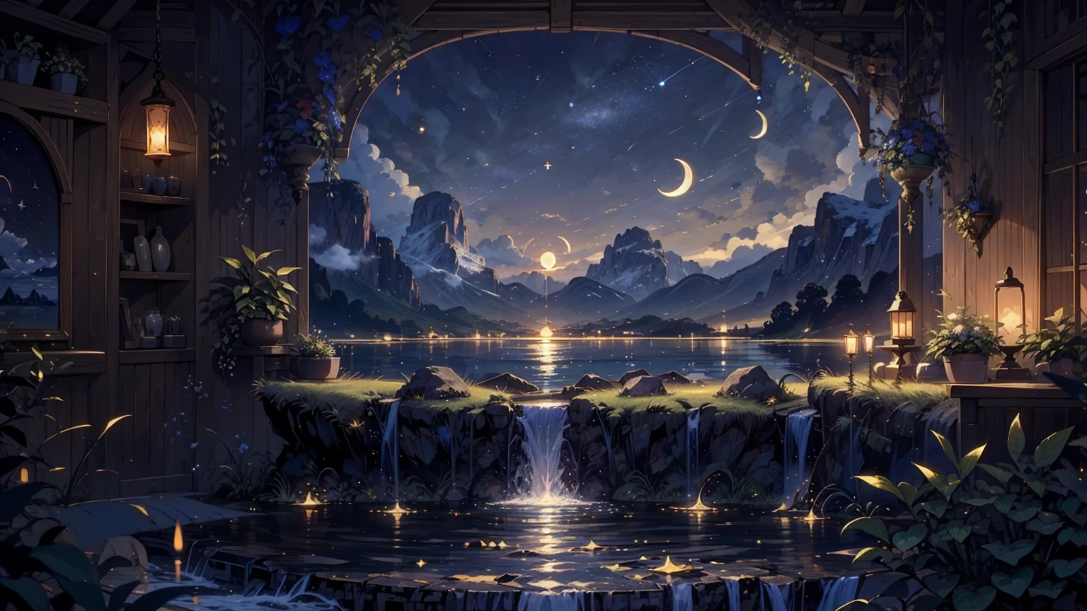 {{{Crescent Moon,Tabletop}}}, {{Highest quality, Ultra-fine illustrations, Beautiful and delicate water}}, {{Very delicate light}}, {{nature, Painting}}, {{Excellent lighting, A more transparent star, Quality Mountains々々々々々々々, Very beautiful 8K PCG wallpaper}}, (plateau), sunrise, Randomly distributed clouds, cliff, ((Rotating starry sky)), ((Lake of the mountain stream)), Glowing particles,Crescent Moon,Moonlit Night