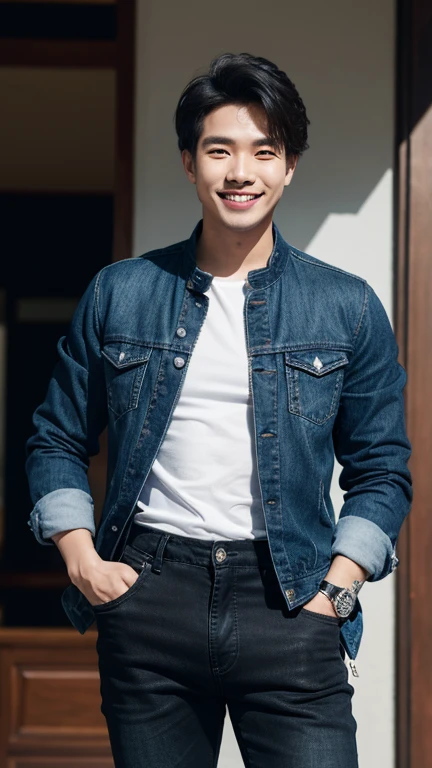 solo , 1man , thai man , black jeans jacket , blue shirt with collar , blue Long pants , smile 