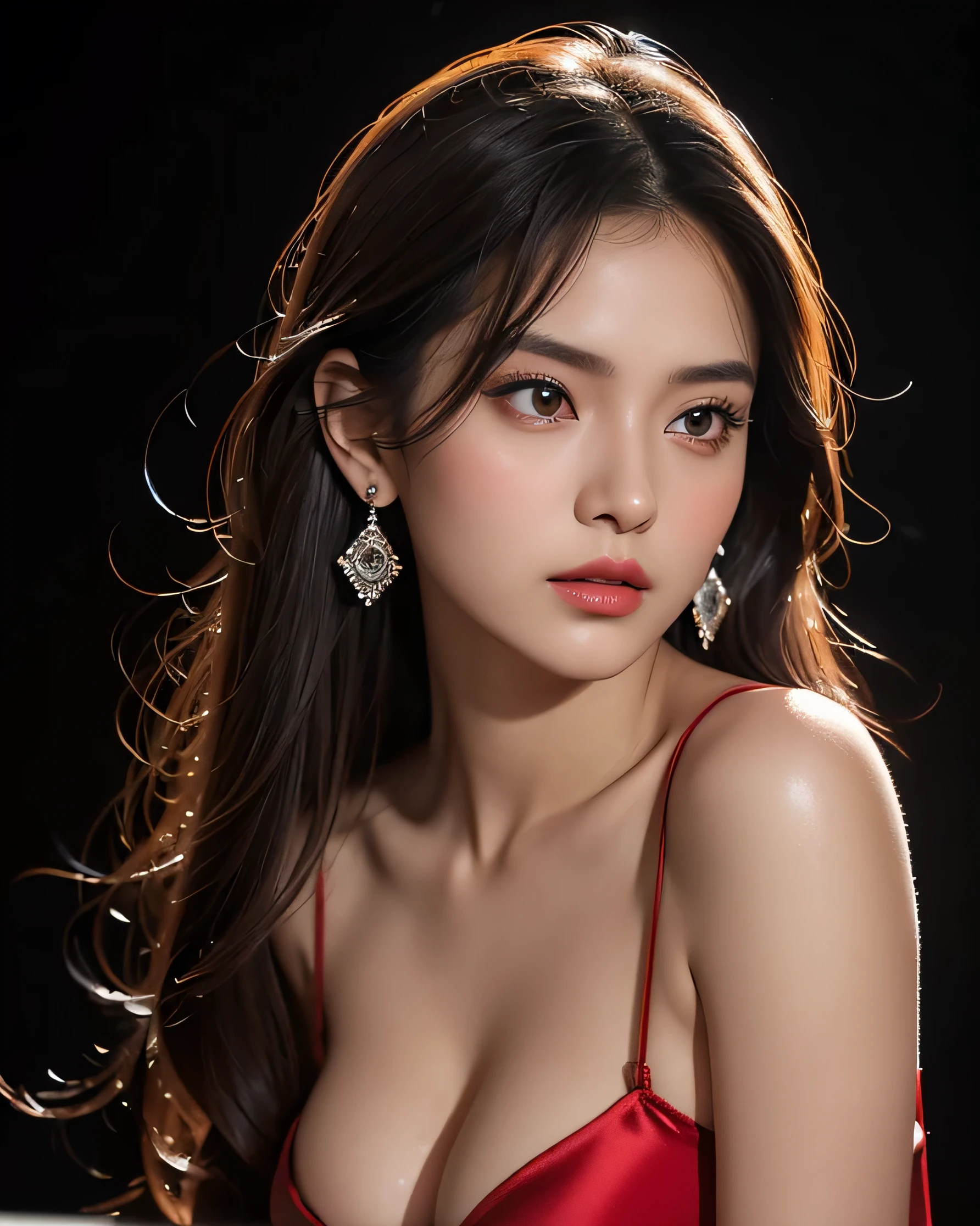 Ultra HD resolution,artistic photos,Professional Photography,Dark red LED Background ((21 year very sexy girl deep in thought looking at the camera, earrings, long brunette wet hair, cold ultra realistic damp skin, wearing very sexy silk blouse)), exposed cleavage, posing like super-model, in a office at night, deep in thought looking at the camera, natural red lips, attention to detail, captivating eyes.