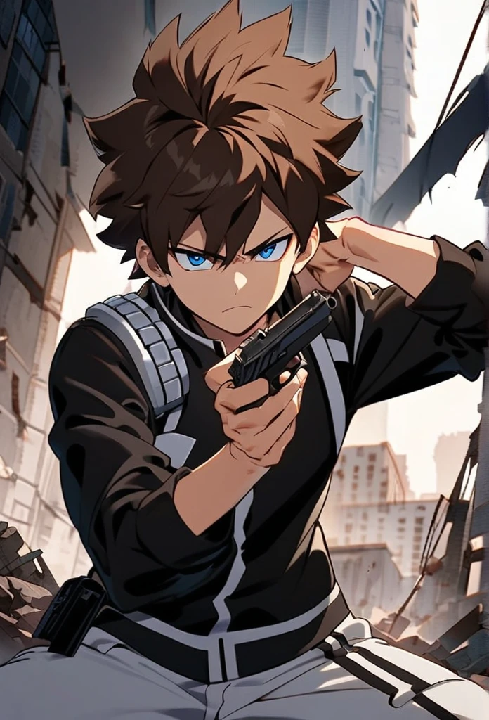 A serious brown-haired, Wavy shoulder-length blue-eyed  boy, With a black jacket with white details and white pants, With a small red and black pistol in each hand, in a cool pose, with the buildings behind destroyed by the battle, Boku no hero academy style