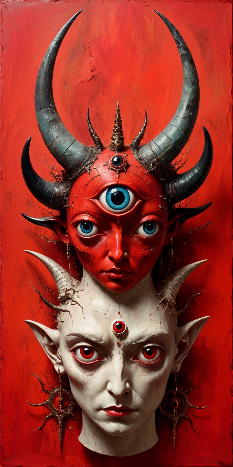 Abstract Sculpture,weird,Horns on the head - long,The third eye on the forehead,Abstract Art,Surrealism,Red background