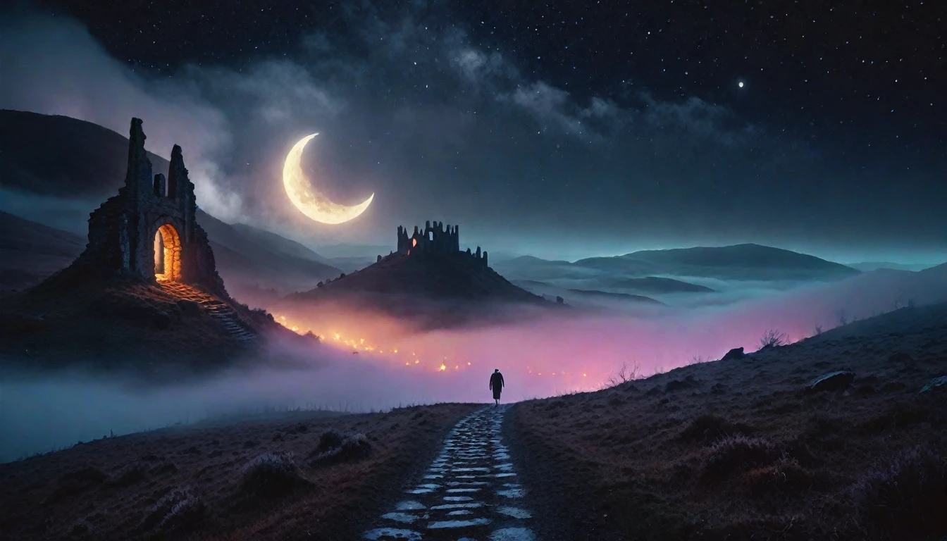 Dark road in the foggy hills, fire Fly, Will-O-Wisp, Mysterious, Crescent Moon, January, Ancient ruins in the background, (nighttime), (Glowing fog:1.2), Calm colors, beautiful, Dark fantasy, Otherworldly, Surreal, 16K, dream-like, (Starlight:0.9), Umbro type, beautiful, masterpiece, Highest quality, 32K, Depth of written boundary, Highest quality, Cinematic, Movie stills, High Contrast, Atmospheric, perfection, High resolution, Absurd, Celestial, Crystalline, Natural wonders, Looks good and makes a good impression, Vaporwave, Cold Light, (Dim Light), bloom, Award-Winner, night,