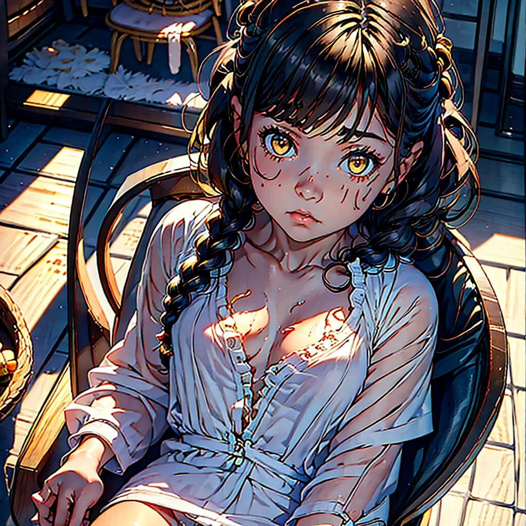 A woman, 20 years, by the wide, by white, honey yellow eyes, small braids in her hair, chest a little big, beautiful body, fearful eyes, shy facial and body expressions, sloppy clothes, full body, sitting in an armchair, view from above