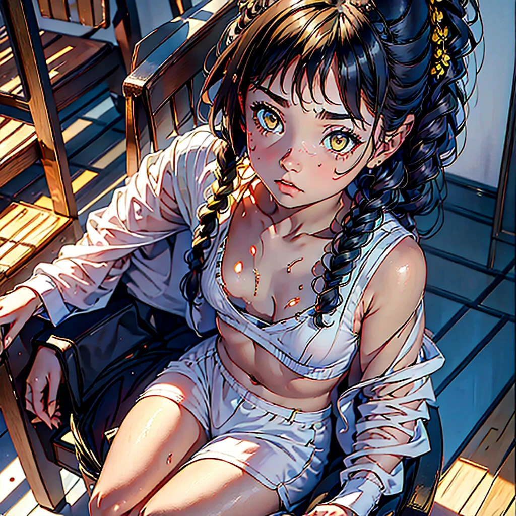 A woman, 20 years, by the wide, by white, honey yellow eyes, small braids in her hair, chest a little big, beautiful body, fearful eyes, shy facial and body expressions, sloppy clothes, full body, sitting in an armchair, view from above