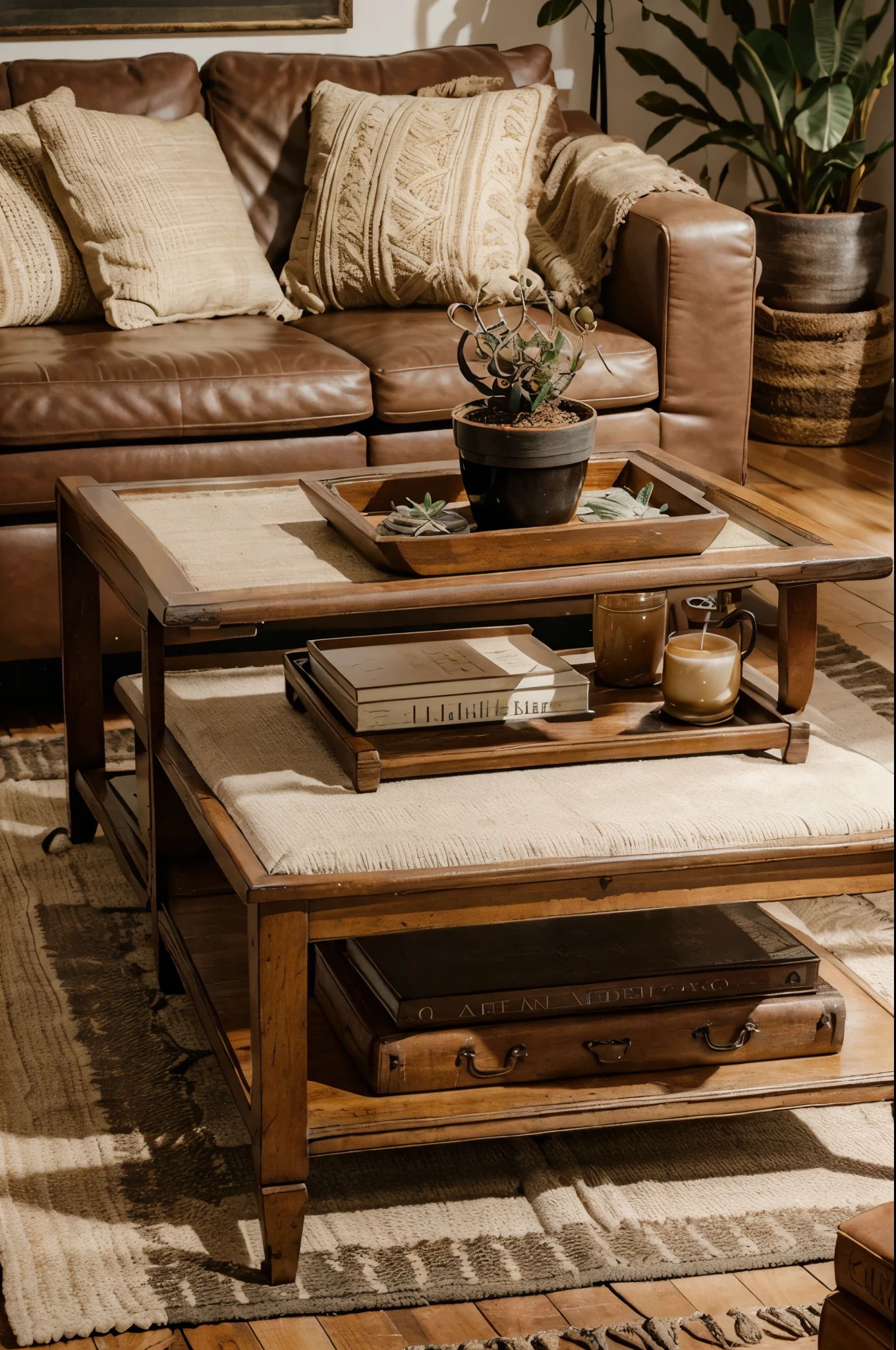 A living room coffee table decorated with a vintage boho tray holding small decor items like candles and plants.